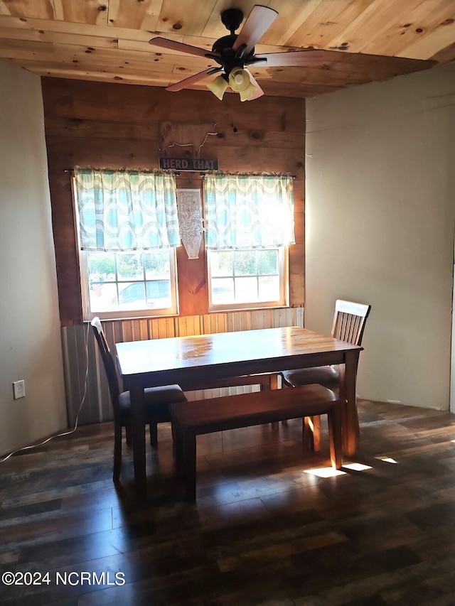 dining area with plenty of natural light, wooden ceiling, ceiling fan, and dark hardwood / wood-style flooring