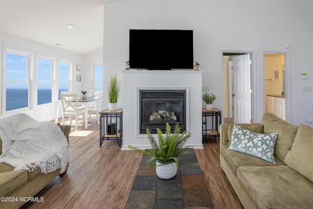 living room with dark hardwood / wood-style flooring, a water view, and vaulted ceiling