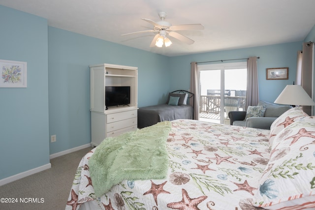 bedroom featuring light colored carpet, ceiling fan, and access to outside