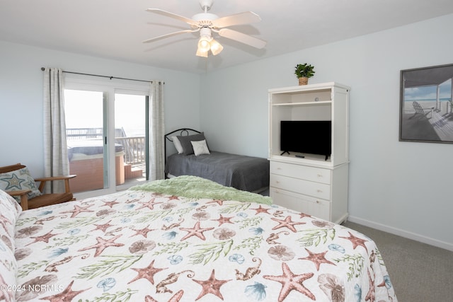 bedroom featuring ceiling fan, access to outside, and carpet