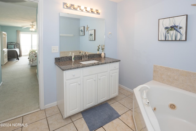 bathroom with vanity, tile flooring, and ceiling fan