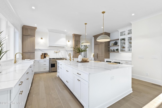 kitchen with high end range, open shelves, a sink, custom range hood, and light wood-style floors