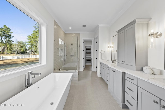 bathroom with a shower stall, a walk in closet, double vanity, a freestanding tub, and a sink