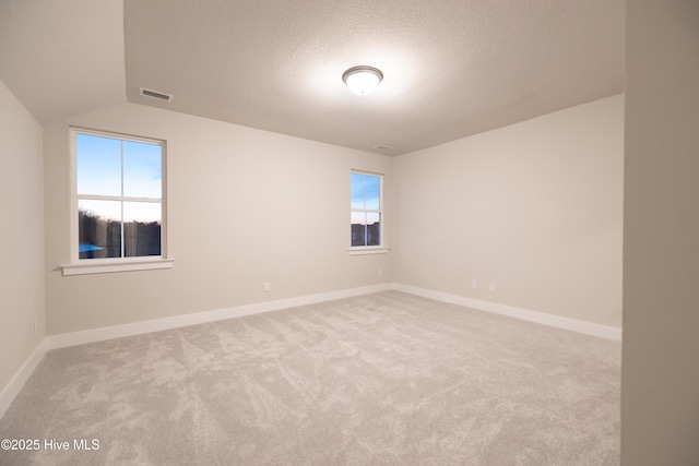 spare room with light carpet, plenty of natural light, vaulted ceiling, and a textured ceiling