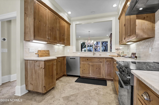 kitchen with sink, ventilation hood, dishwasher, black range with electric cooktop, and pendant lighting