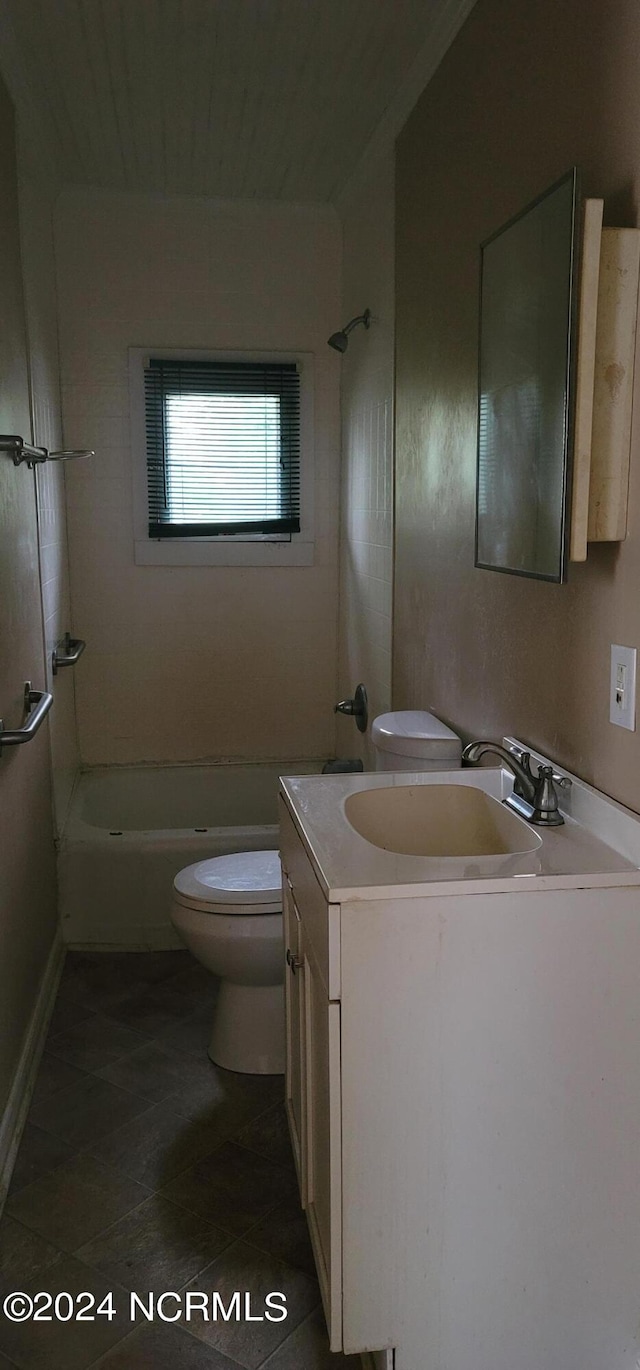 full bathroom with shower / bathtub combination, vanity, tile patterned floors, and toilet