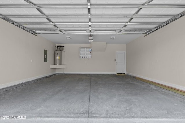 garage featuring electric water heater, a garage door opener, and electric panel