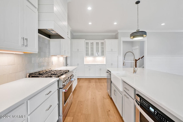 kitchen featuring white cabinets, stainless steel appliances, custom exhaust hood, light hardwood / wood-style flooring, and backsplash