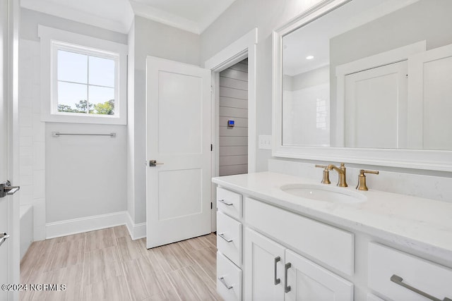 bathroom featuring shower / tub combination and vanity with extensive cabinet space