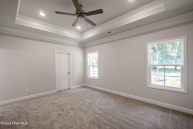 carpeted empty room with a tray ceiling, plenty of natural light, ornamental molding, and ceiling fan