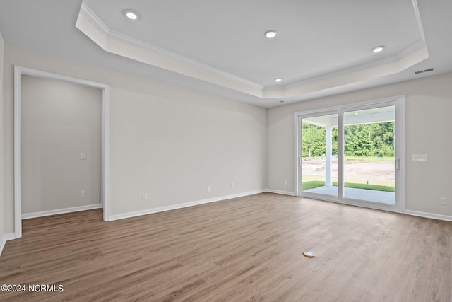 spare room with a raised ceiling and wood-type flooring