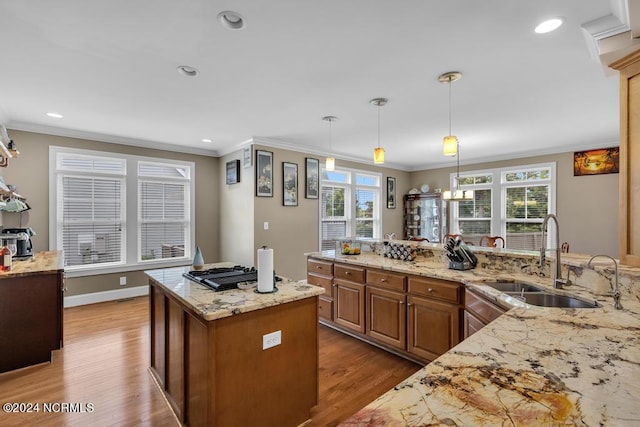 kitchen featuring crown molding, sink, light hardwood / wood-style flooring, light stone countertops, and decorative light fixtures