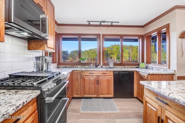 kitchen with backsplash, light hardwood / wood-style floors, stainless steel appliances, and plenty of natural light