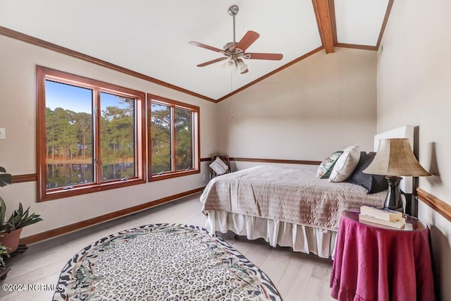 bedroom with light hardwood / wood-style flooring, lofted ceiling with beams, and ceiling fan