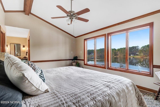 bedroom featuring lofted ceiling, crown molding, ceiling fan, and a water view