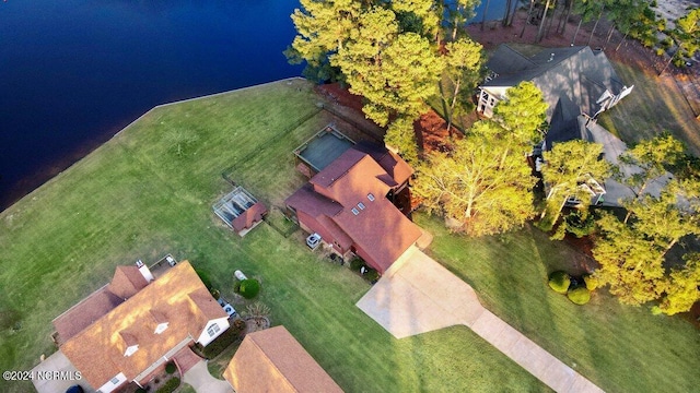 drone / aerial view featuring a water view