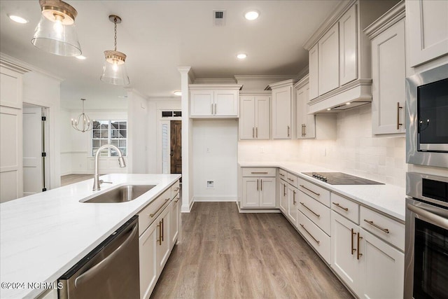 kitchen with ornamental molding, decorative light fixtures, stainless steel appliances, and light hardwood / wood-style flooring