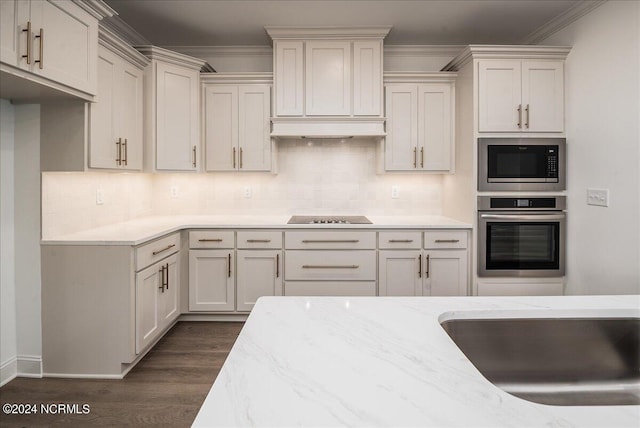 kitchen featuring appliances with stainless steel finishes, dark hardwood / wood-style floors, crown molding, and decorative backsplash