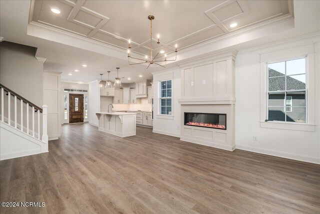 unfurnished living room with ornamental molding, hardwood / wood-style flooring, sink, and a raised ceiling