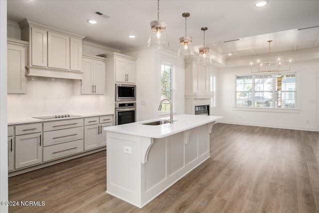 kitchen with wood-type flooring, stainless steel appliances, hanging light fixtures, and a wealth of natural light