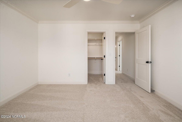 unfurnished bedroom with ceiling fan, ornamental molding, a walk in closet, a closet, and light carpet