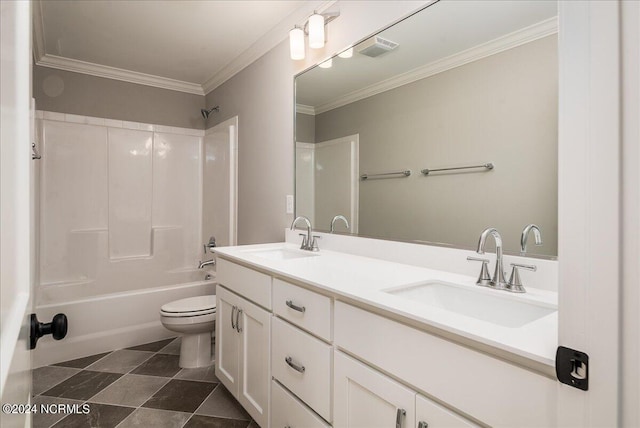 full bathroom featuring vanity, bathtub / shower combination, toilet, and crown molding