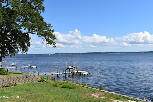 view of water feature with a dock