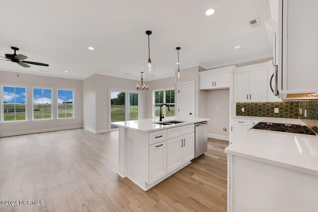 kitchen featuring sink, hanging light fixtures, a kitchen island with sink, white cabinets, and appliances with stainless steel finishes