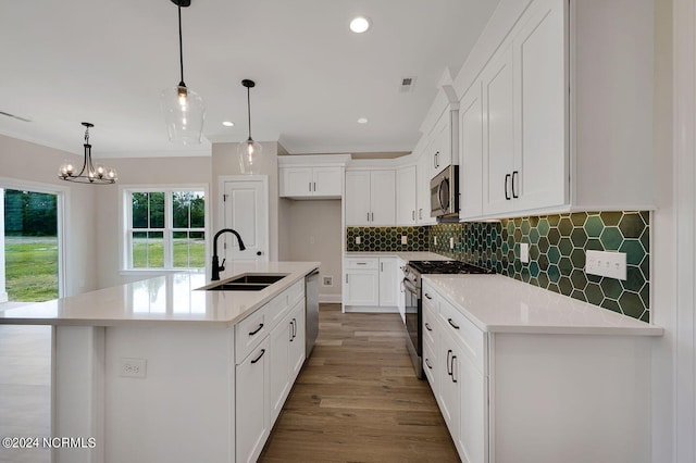 kitchen with white cabinetry, sink, an island with sink, and stainless steel appliances