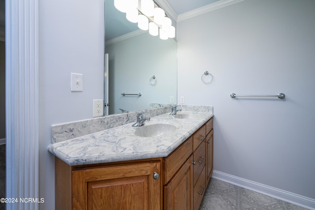 bathroom featuring vanity, tile floors, and crown molding