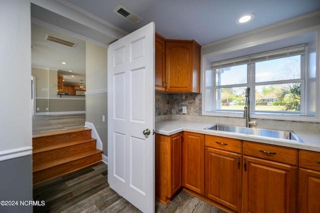 kitchen featuring backsplash, ornamental molding, sink, and dark hardwood / wood-style flooring