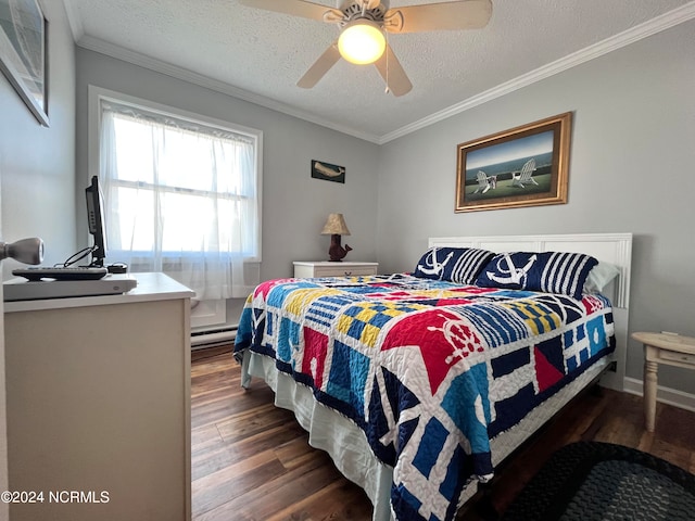 bedroom with ceiling fan, dark hardwood / wood-style flooring, a textured ceiling, and ornamental molding