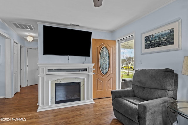 living room featuring a premium fireplace, hardwood / wood-style floors, and ceiling fan