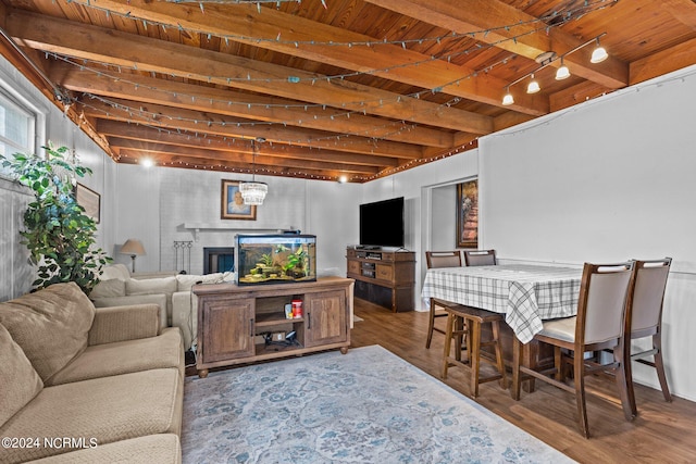 living room featuring wooden ceiling, dark hardwood / wood-style floors, and beamed ceiling