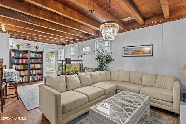 living room with dark wood-type flooring, wooden ceiling, a notable chandelier, and beam ceiling