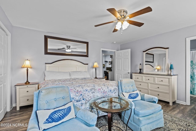 bedroom featuring ceiling fan and dark hardwood / wood-style flooring