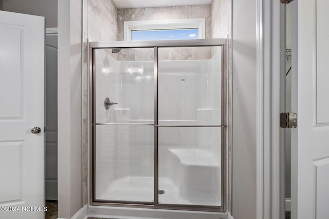 bathroom featuring a shower with door