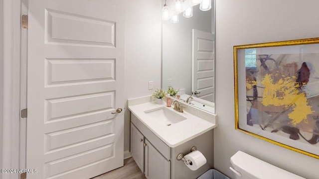 bathroom with vanity, hardwood / wood-style flooring, and toilet