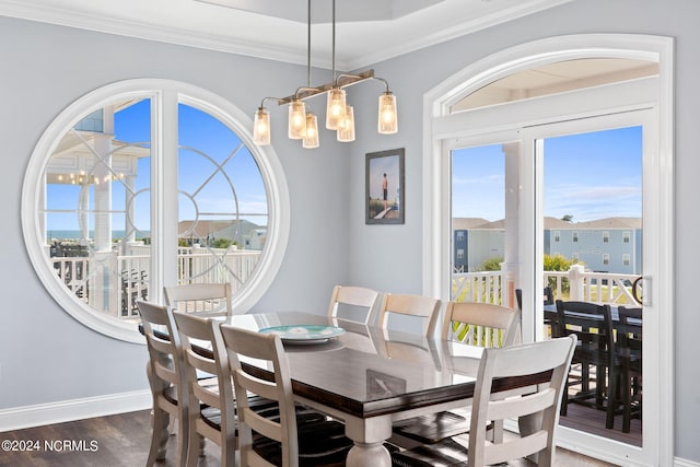 dining area with a chandelier, crown molding, and dark wood-type flooring