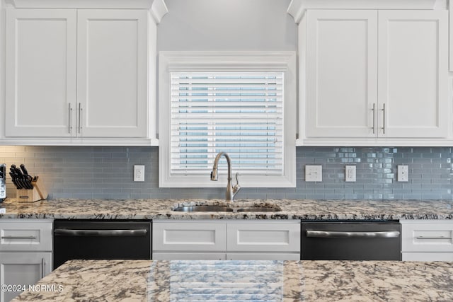 kitchen with dishwashing machine, tasteful backsplash, white cabinets, sink, and stainless steel dishwasher