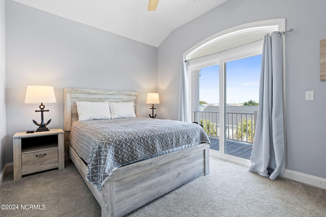 bedroom with vaulted ceiling, access to exterior, ceiling fan, and carpet floors