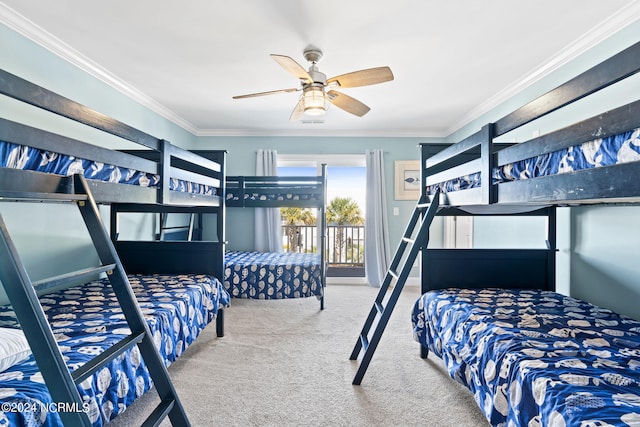 carpeted bedroom with access to outside, crown molding, and ceiling fan