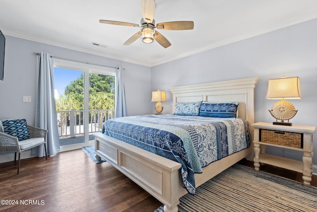 bedroom with dark hardwood / wood-style floors, ceiling fan, access to outside, and ornamental molding