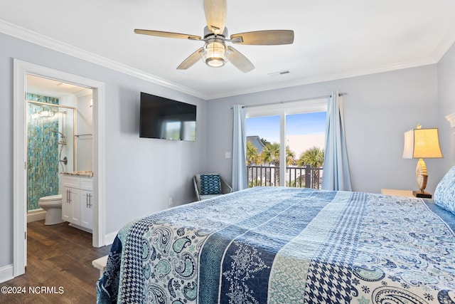 bedroom with ceiling fan, ensuite bathroom, access to exterior, dark hardwood / wood-style flooring, and ornamental molding