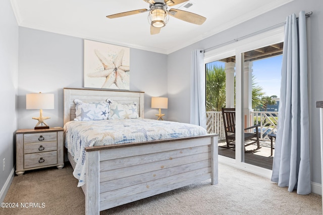 bedroom featuring crown molding, ceiling fan, access to outside, and carpet floors