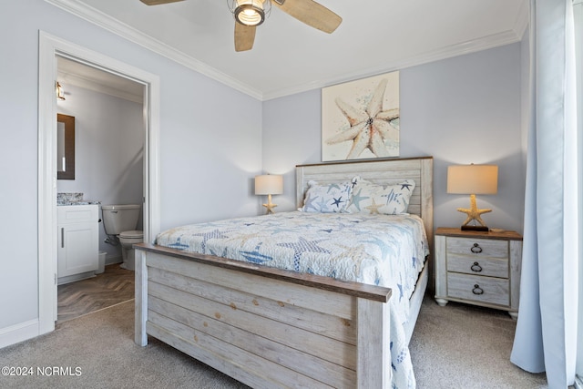 carpeted bedroom with ornamental molding and ceiling fan