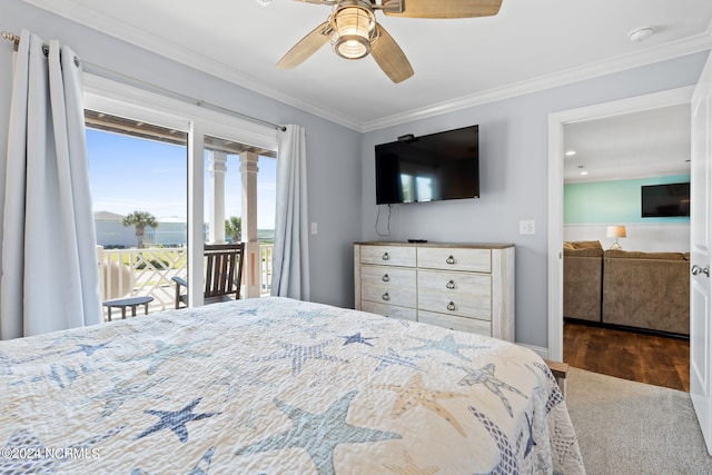 bedroom featuring ceiling fan, dark hardwood / wood-style flooring, crown molding, and access to outside