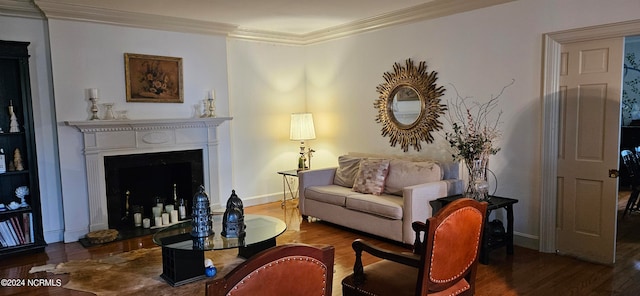 living room with crown molding and dark hardwood / wood-style floors