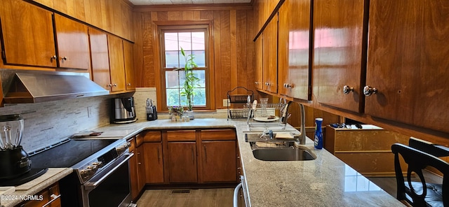 kitchen featuring light stone countertops, light hardwood / wood-style flooring, wall chimney range hood, high end stainless steel range, and sink