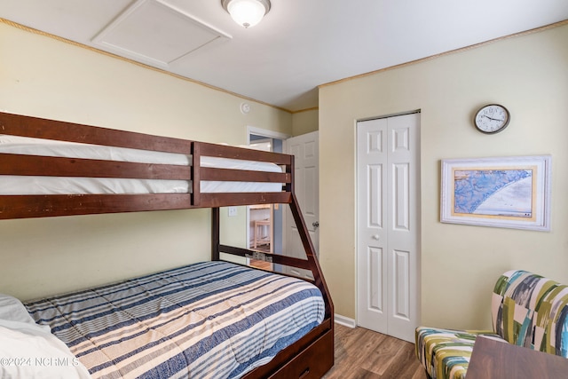 bedroom with a closet and hardwood / wood-style floors